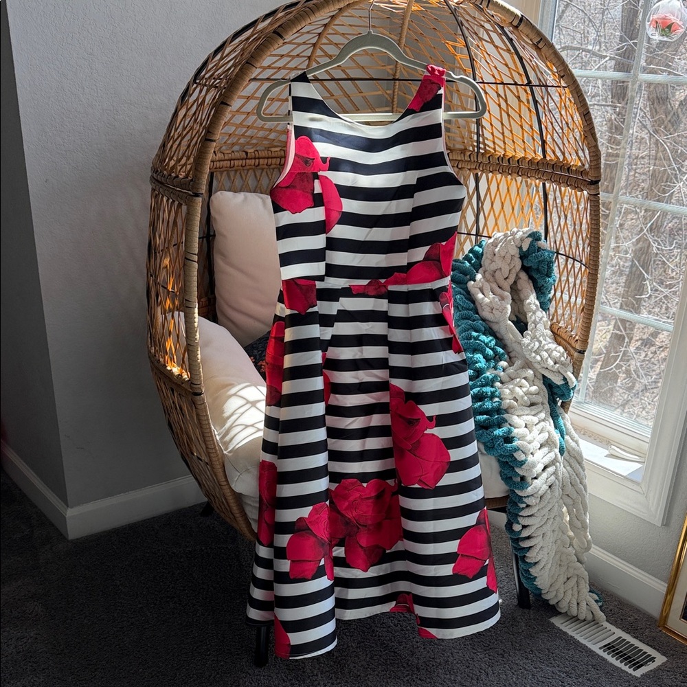 Retro looking Chicwish Black & White Striped Dress with Pink Floral Print